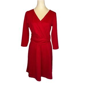 Lands’ End Women’s Small Petite Red Faux Wrap Dress 3/4 Sleeve Classic Fit